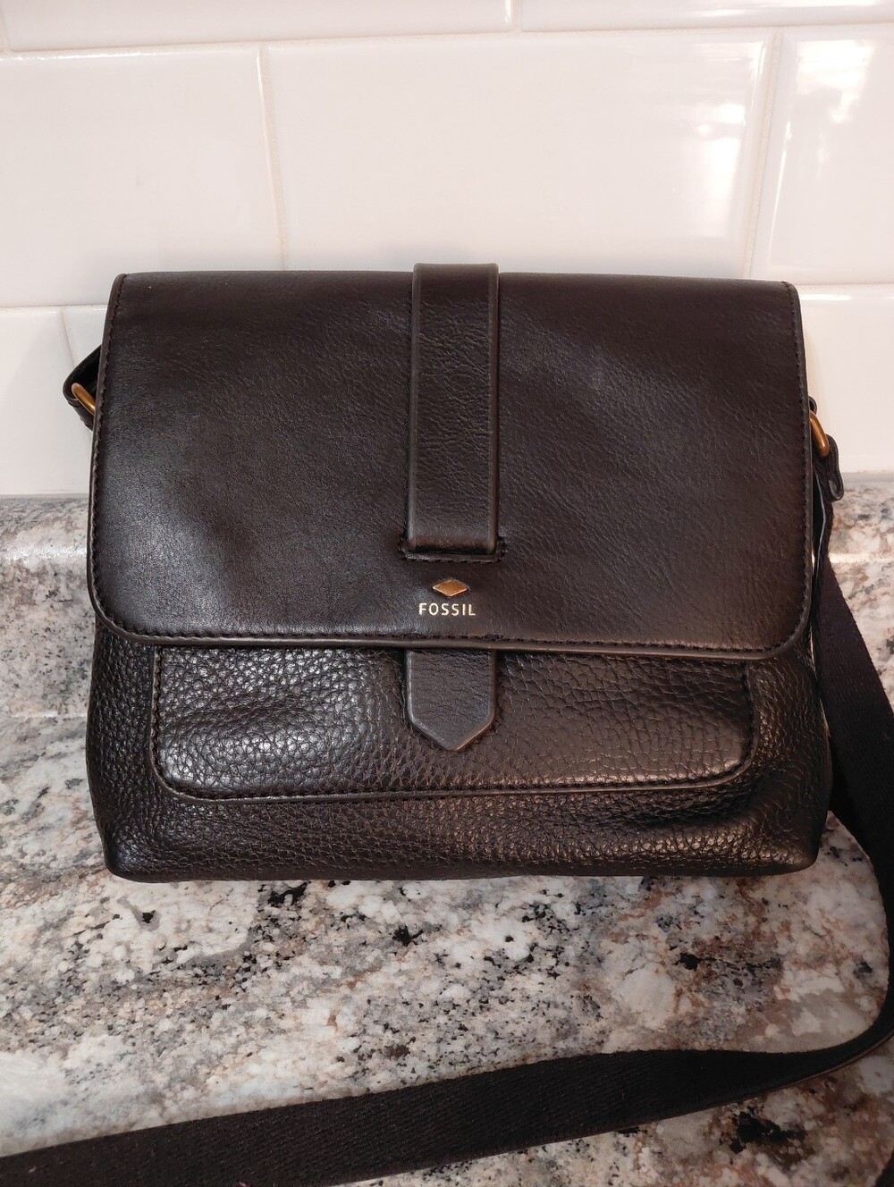 Fossil Black Leather Flap Crossbody Bag